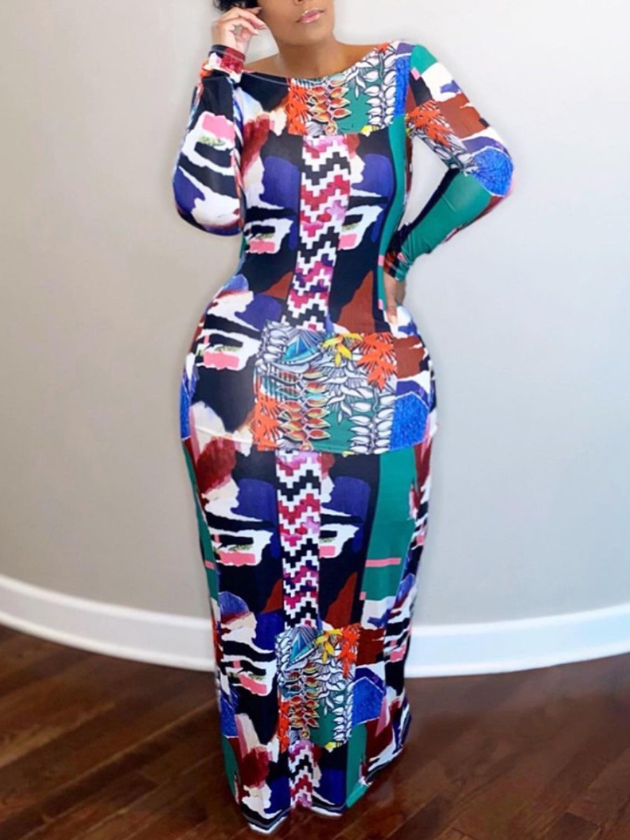 

Lovely Boho Backless Print Patchwork Blue Floor Length Plus Size Dress