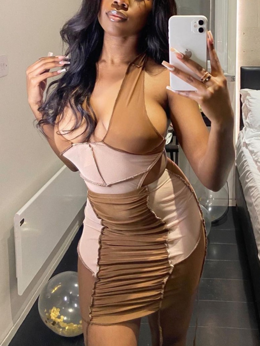 

Lovely Sexy Ruched Color-lump Khaki Two Piece Skirt Set