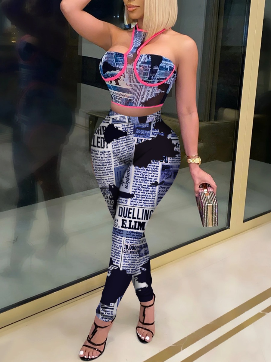 

Lovely Sexy Off The Shoulder Newspapaer Print Blue Two Piece Pants Set