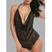 Lovely Sexy V Neck See-through Black Teddies
