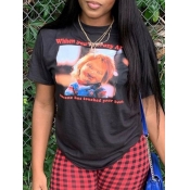 LW Casual O Neck Letter Print Black T-shirt