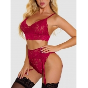 Lovely Sexy V Neck Mesh Wine Red Bra Set