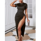 Lovely Sexy O Neck Bandage Design Split Black Ankl