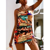 Lovely Casual Graffiti Print Drawstring Brown Mini