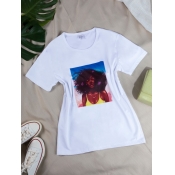 Lovely Casual O Neck Portrait Print White T-shirt