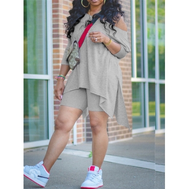 

LW BASICS Plus Size Asymmetrical Shorts Set, Grey