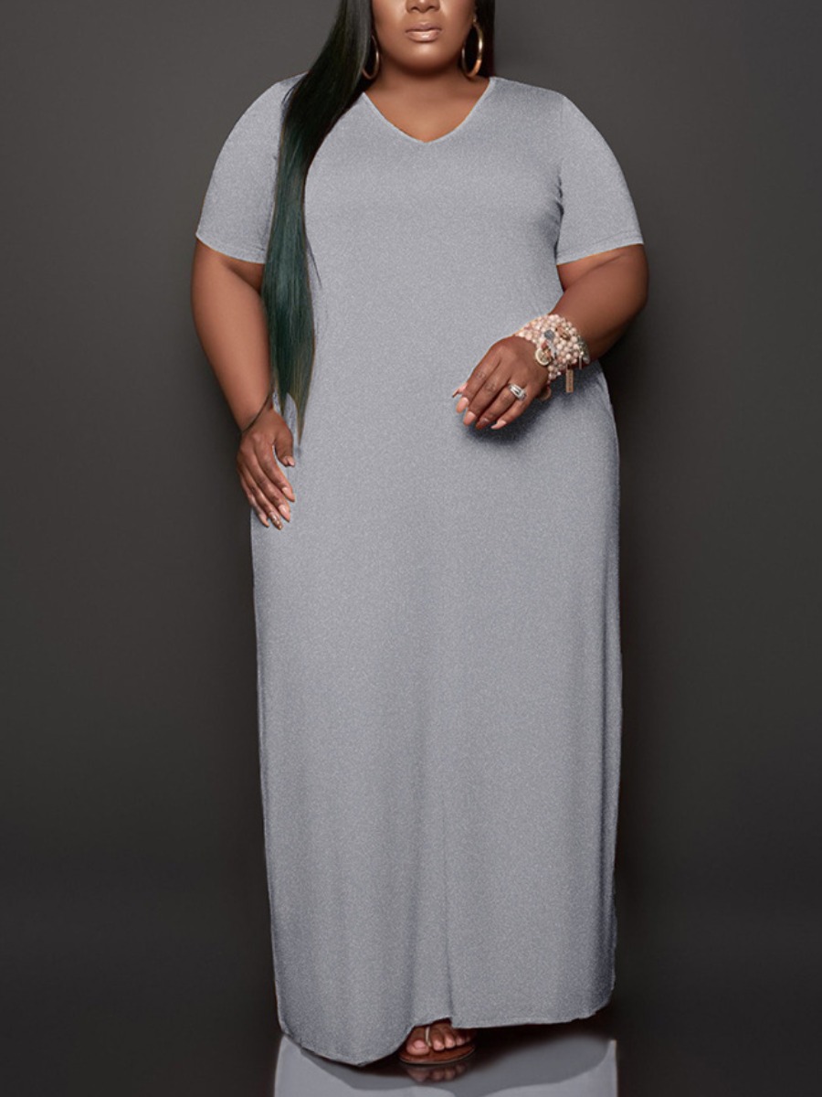 

Lovely Plus Size Casual V Neck Loose Grey Ankle Length Dress