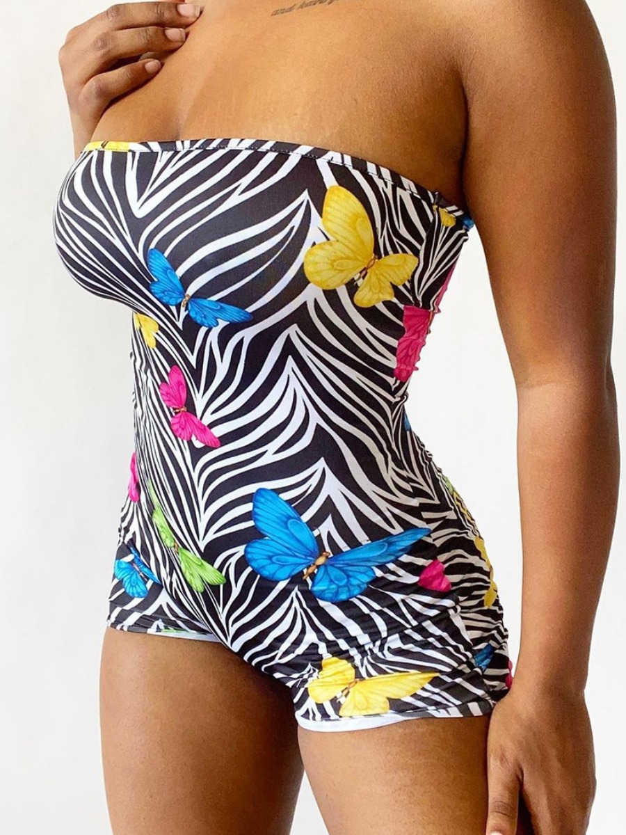 

Lovely Sexy Off The Shoulder Butterfly Print Black One-piece Romper