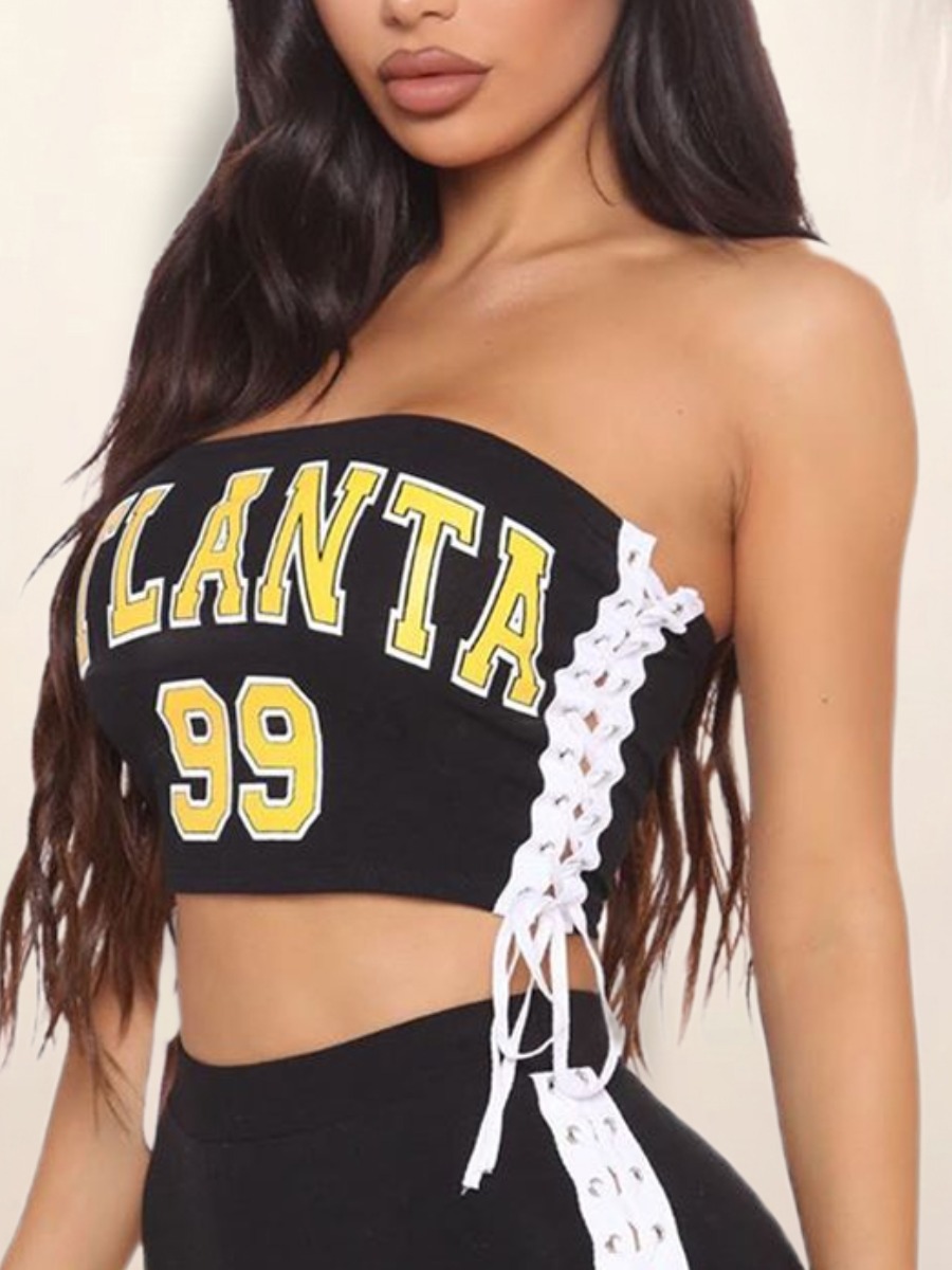 

Lovely Sporty Off The Shoulder Letter Print Bandage Design Black Camisole