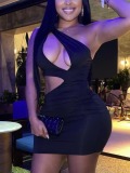 LW SXY One Shoulder Hollow-out Black Mini Dress