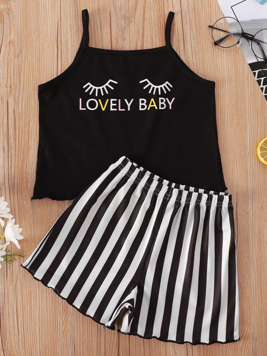 

Lovely Girl Sweet Letter Print Striped Black Two Piece Shorts Set