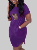 LW Plus Size Casual O Neck Leopard Print Pocket Purple Knee Length Dress