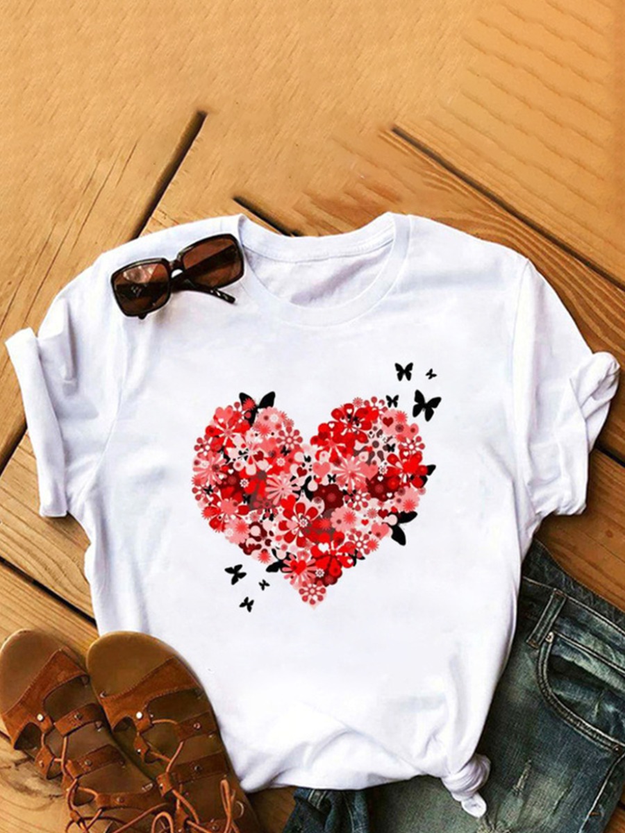 

Lovely Casual Heart-shaped Butterfly Print Red Plus Size T-shirt