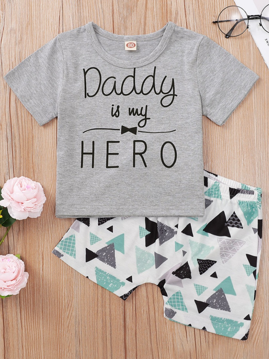 

Lovely Boy Casual Letter Geometric Print Grey Two Piece Shorts Set