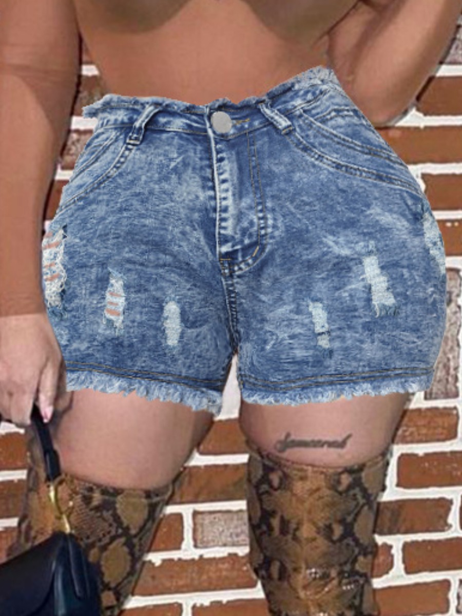 

Lovely Street Ripped Raw Edge Baby Blue Denim Shorts