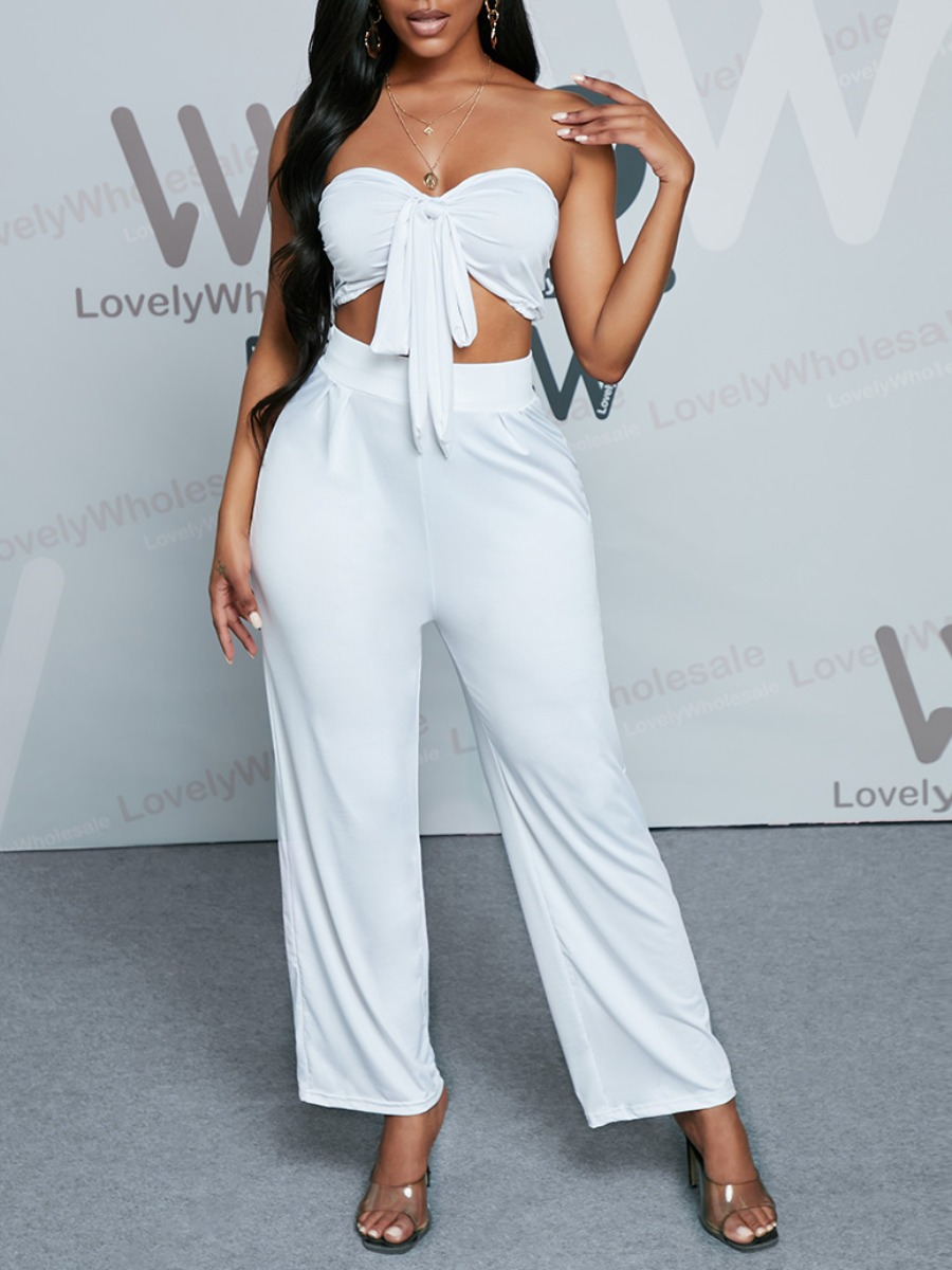 

Lovely Sweet Off The Shoulder Bandage Design White Two Piece Pants Set