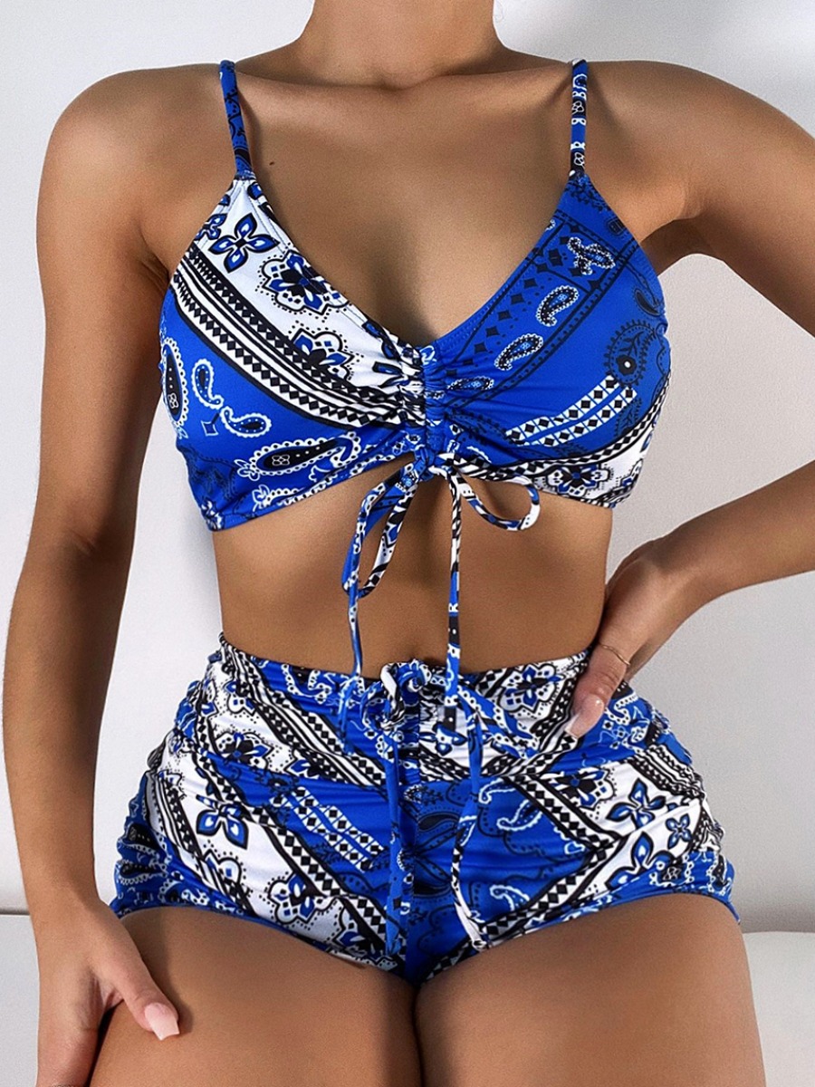 

Lovely Boho Cashew Print Drawstring Blue Two-piece Swimsuit