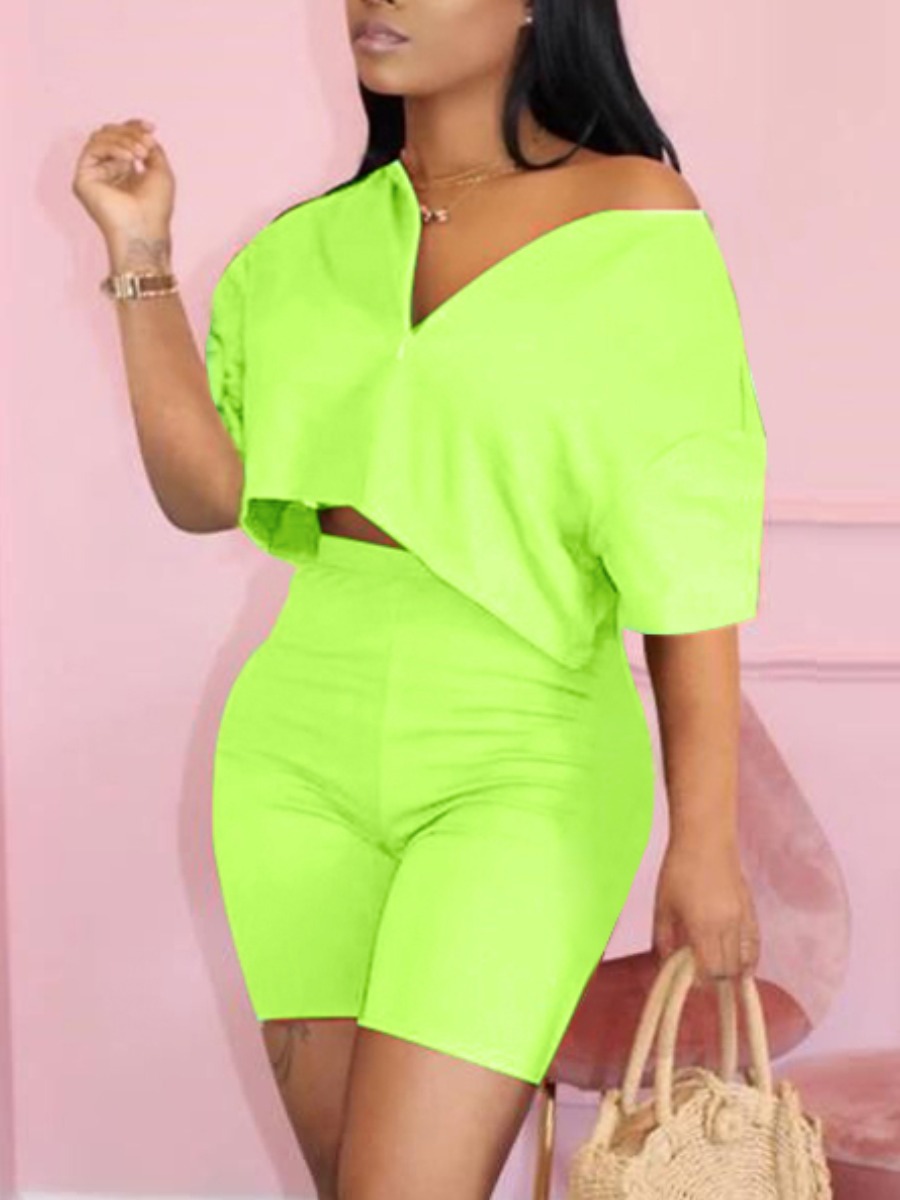 

LW Casual V Neck Elastic Green Two Piece Shorts Set
