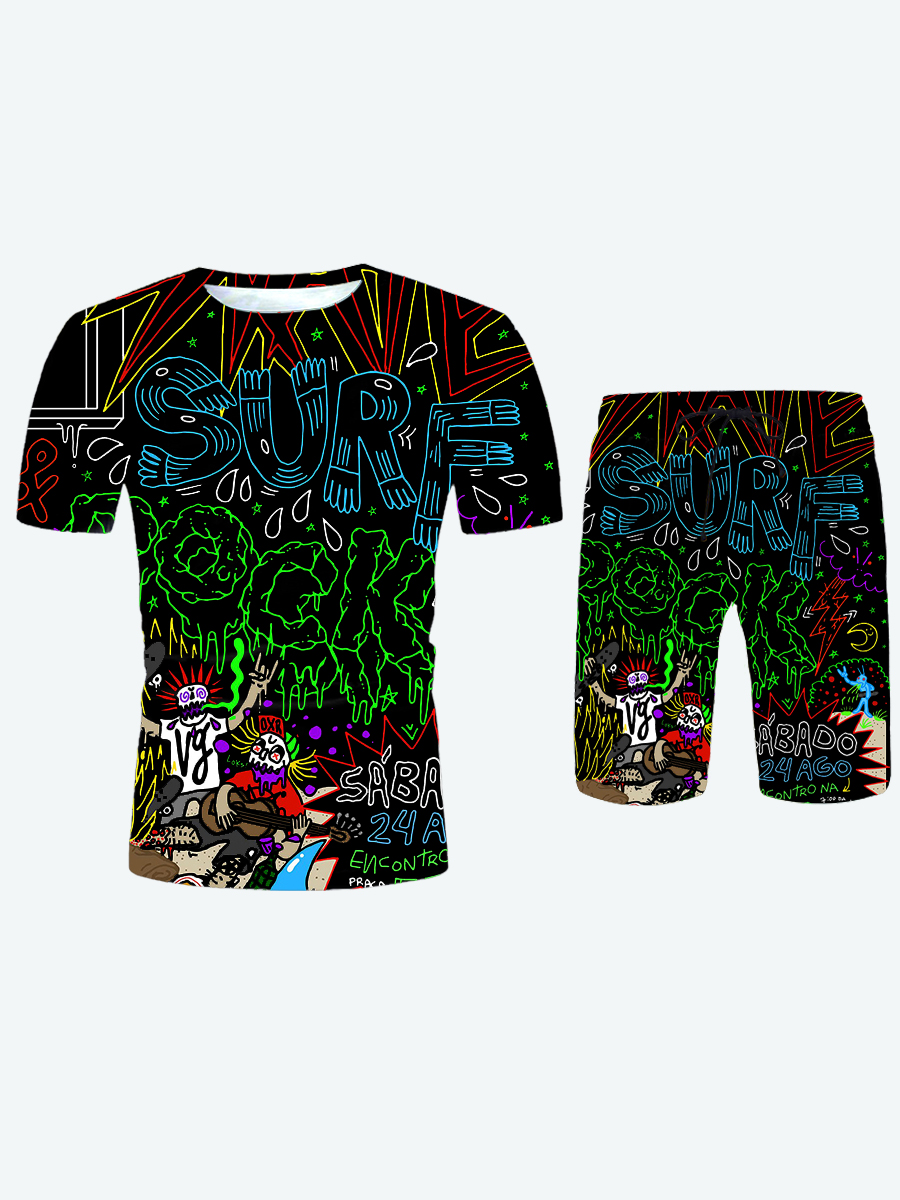 

Lovely Men Street Cartoon Letter Print Multicolor Two Piece Shorts Set, Multi