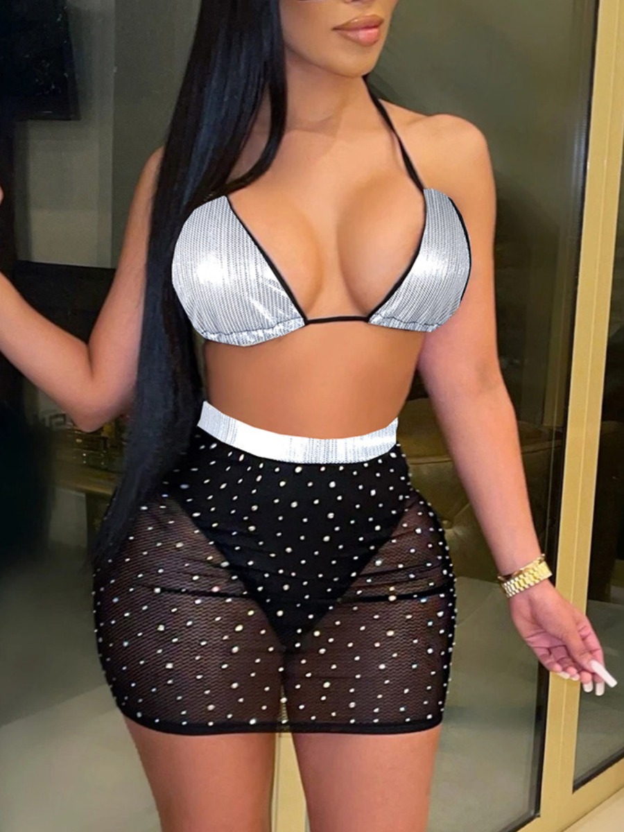 

Lovely Sexy Backess Sequined See-through Black Two Piece Skirt Set