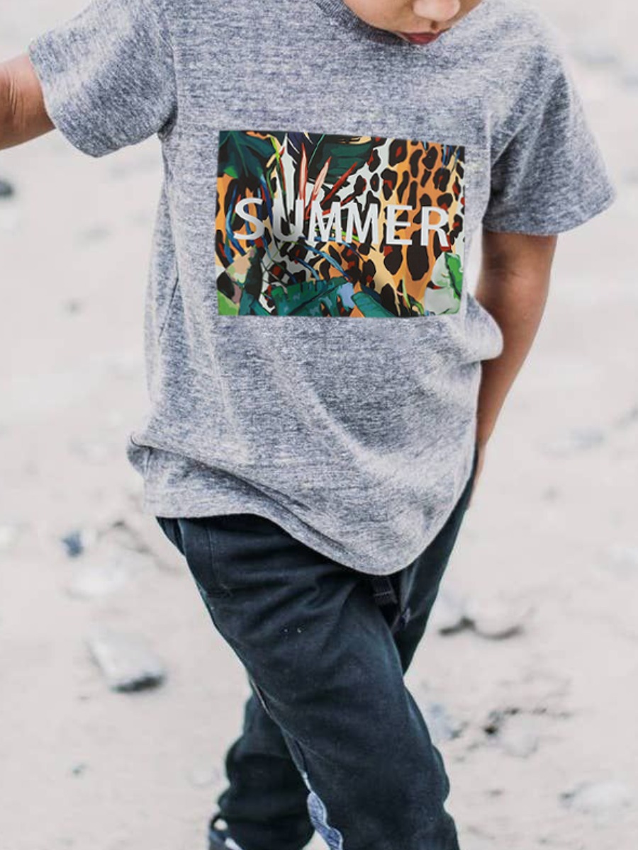 

Lovely Boy Casual Leopard Letter Print Grey T-shirt