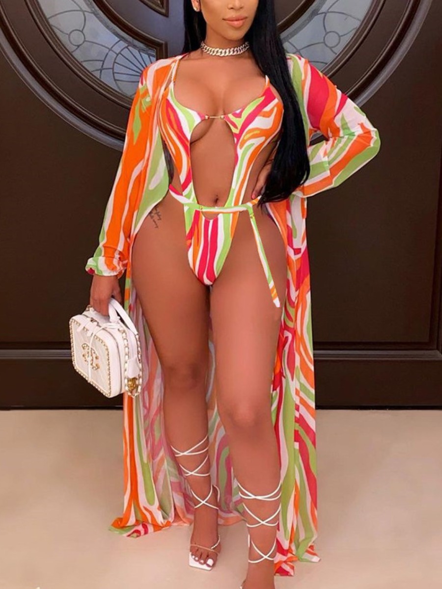 

Lovely Boho Striped Patchwork Orange Cover-up