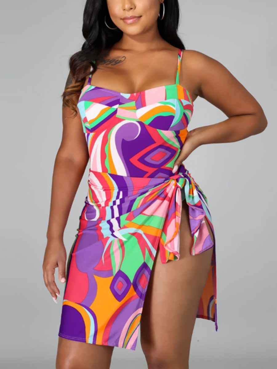 

Lovely Boho Color-lump Patcwork Multicolor One-piece Swimsuit, Multi