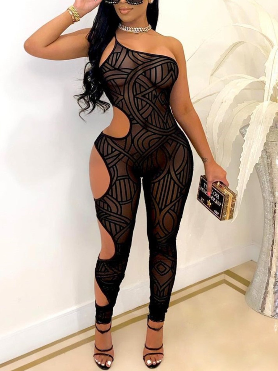 

LW SXY One Shoulder Print Hollow-out Black One-piece Jumpsuit