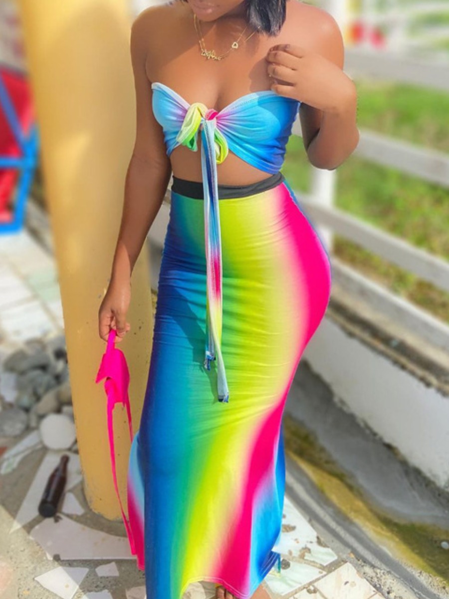

Lovely Boho Tie Dye Bandage Design Multicolor Two Piece Skirt Set, Multi