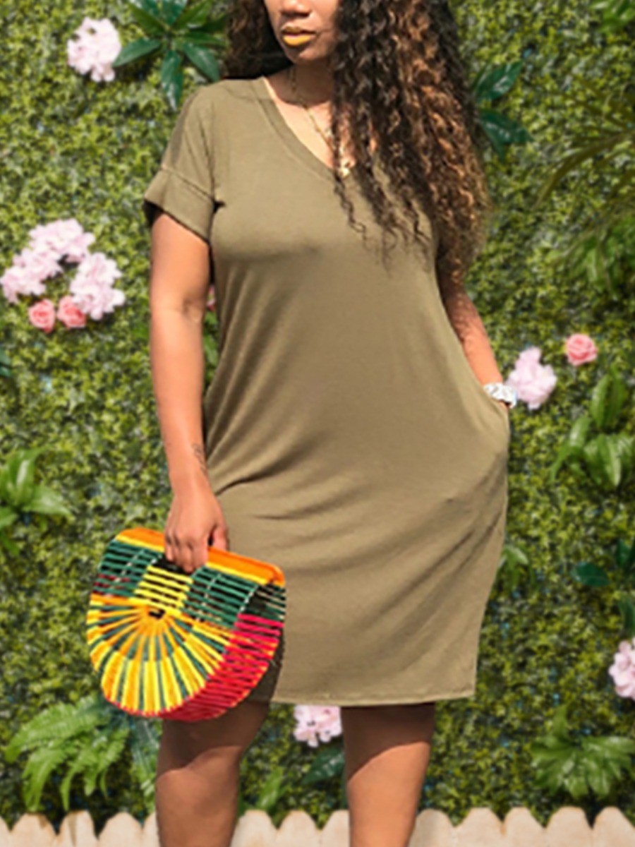 

Lovely Plus Size Casual V Neck Dropped Shoulder Brown Knee Length Dress
