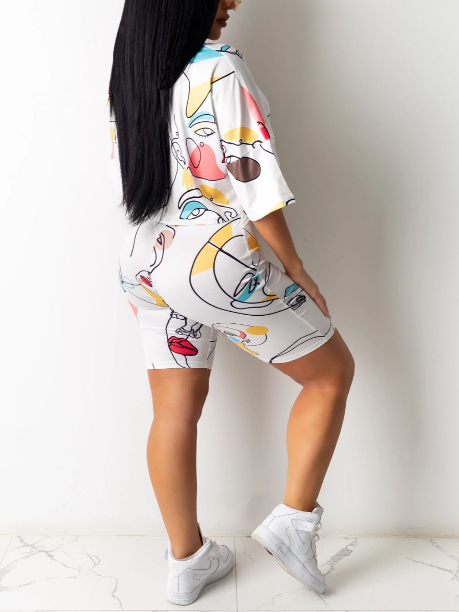 Lovely Casual Dopped Shoulder Graffiti Print White Two Piece Shorts Set