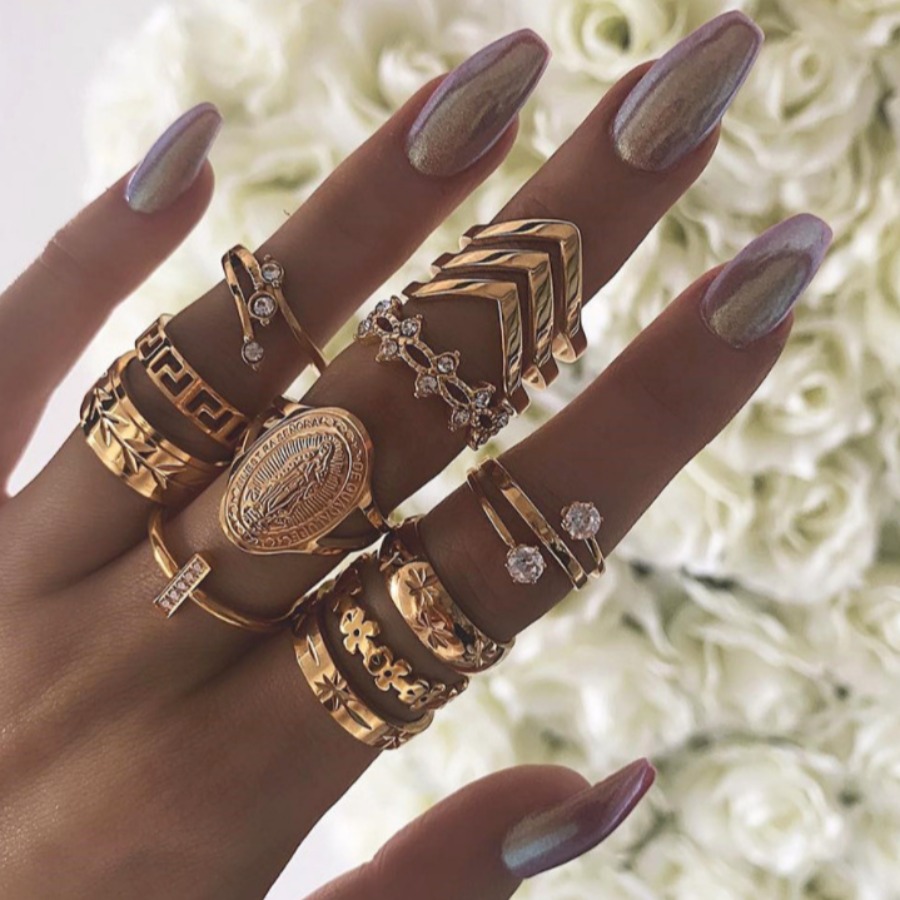 

Lovely Street Coin Leaf Decoration Gold 13-piece Ring