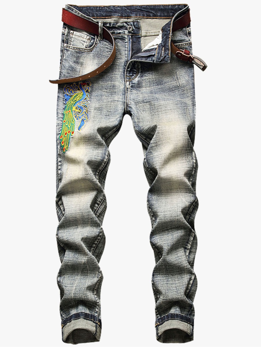 

Lovely Men Casual Mid Waist Embroidered Decoration Grey Jeans