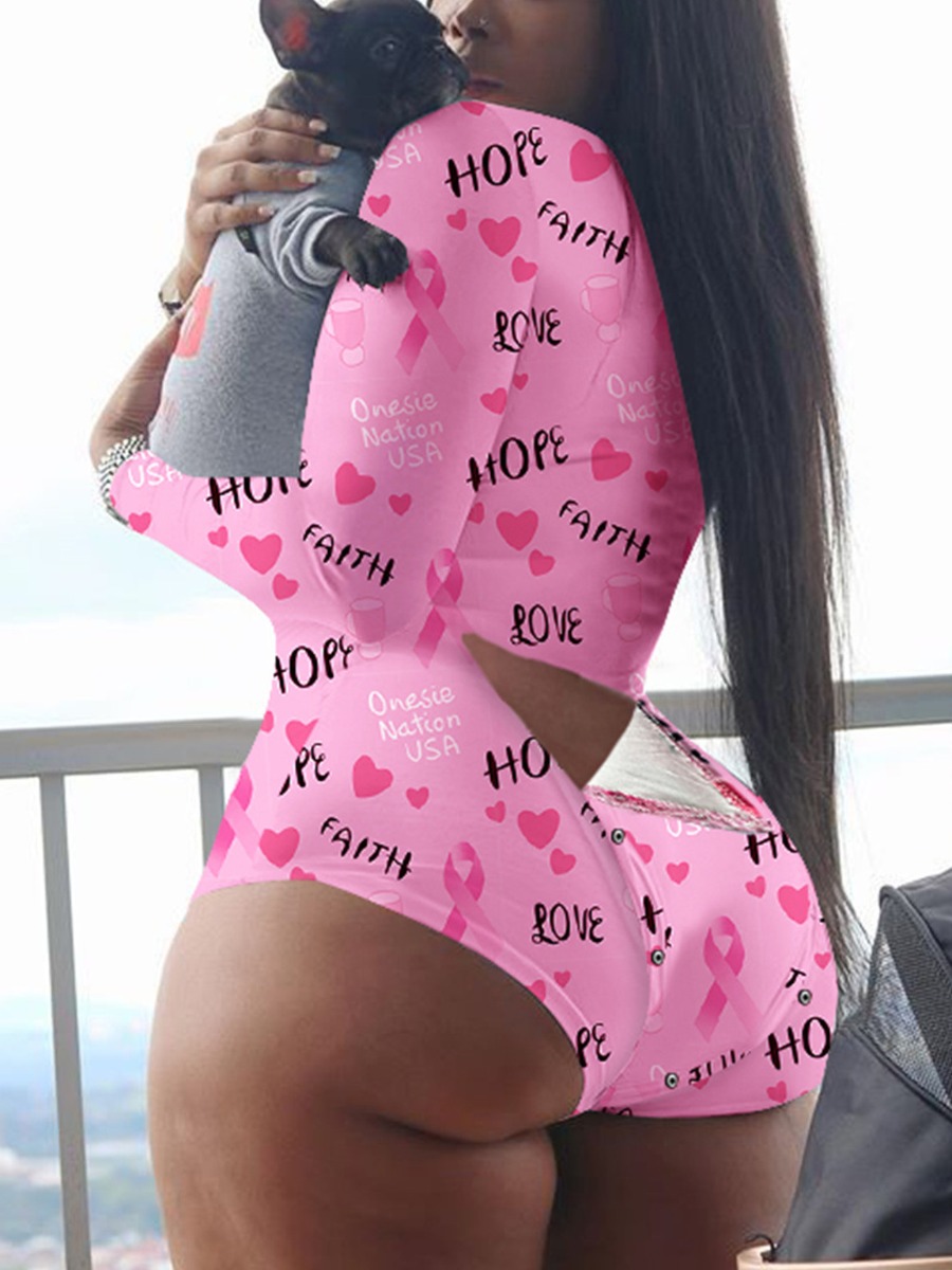 

Lovely Letter Print Button Design Pink Romper
