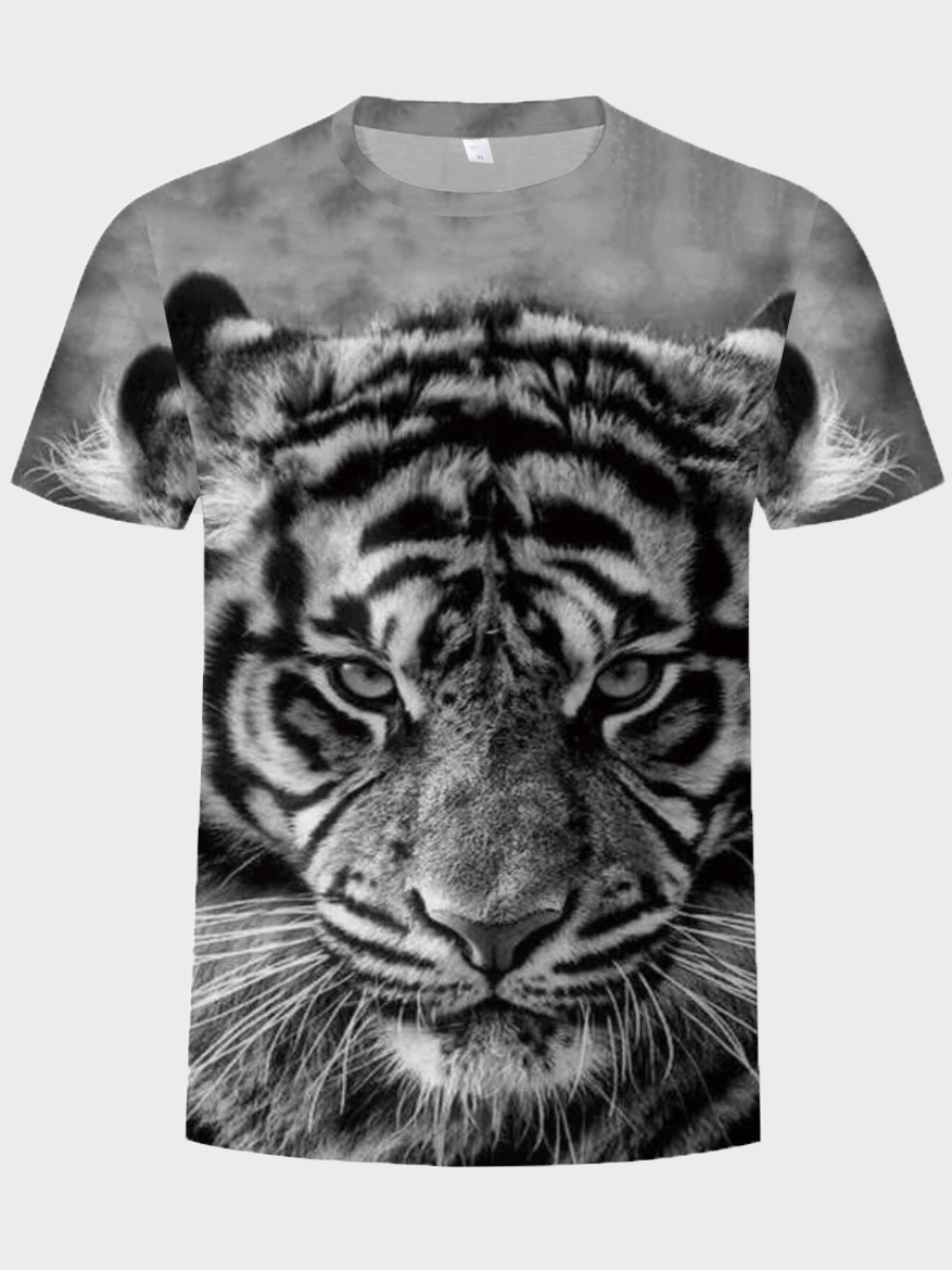 

Lovely Boy Casual O Neck Tiger Print Grey T-shirt