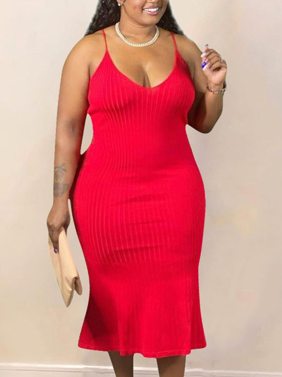 

Lovely Plus Size Casual Rib-Knit Flounce Design Red Mid Calf Dress
