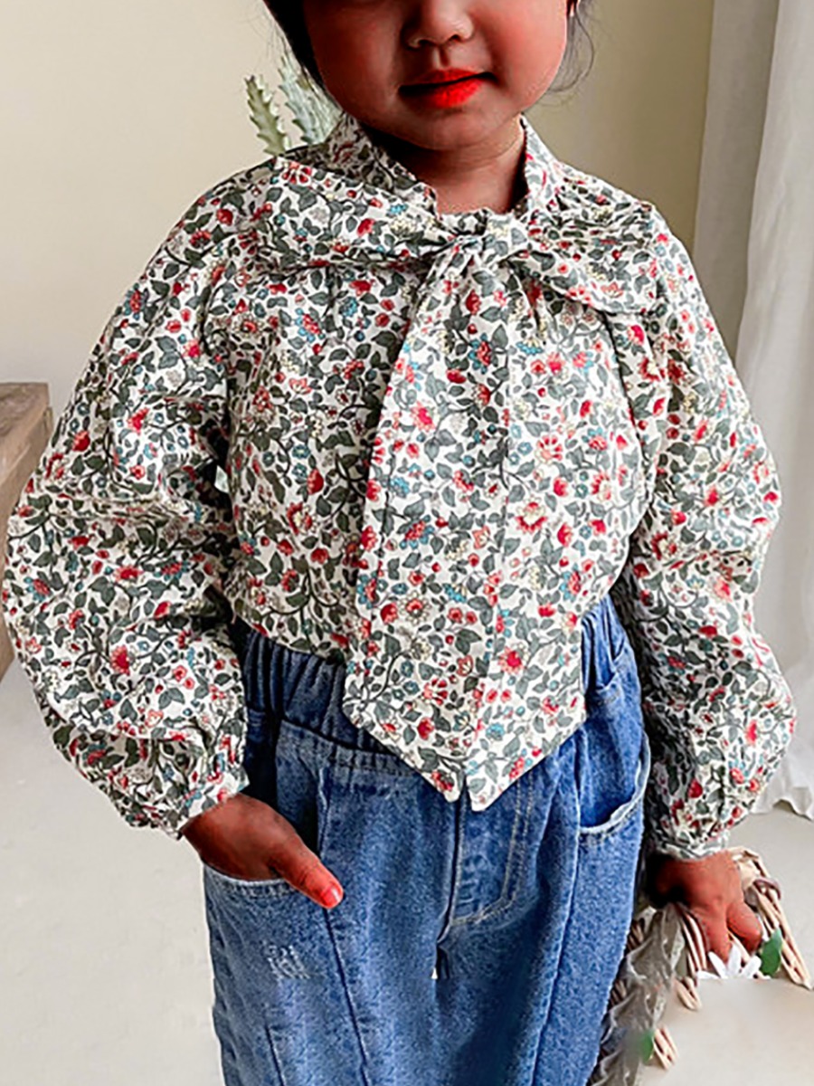 

Lovely Girl Street Floral Print Bow-tie Decoration Multicolor Blouse, Multi