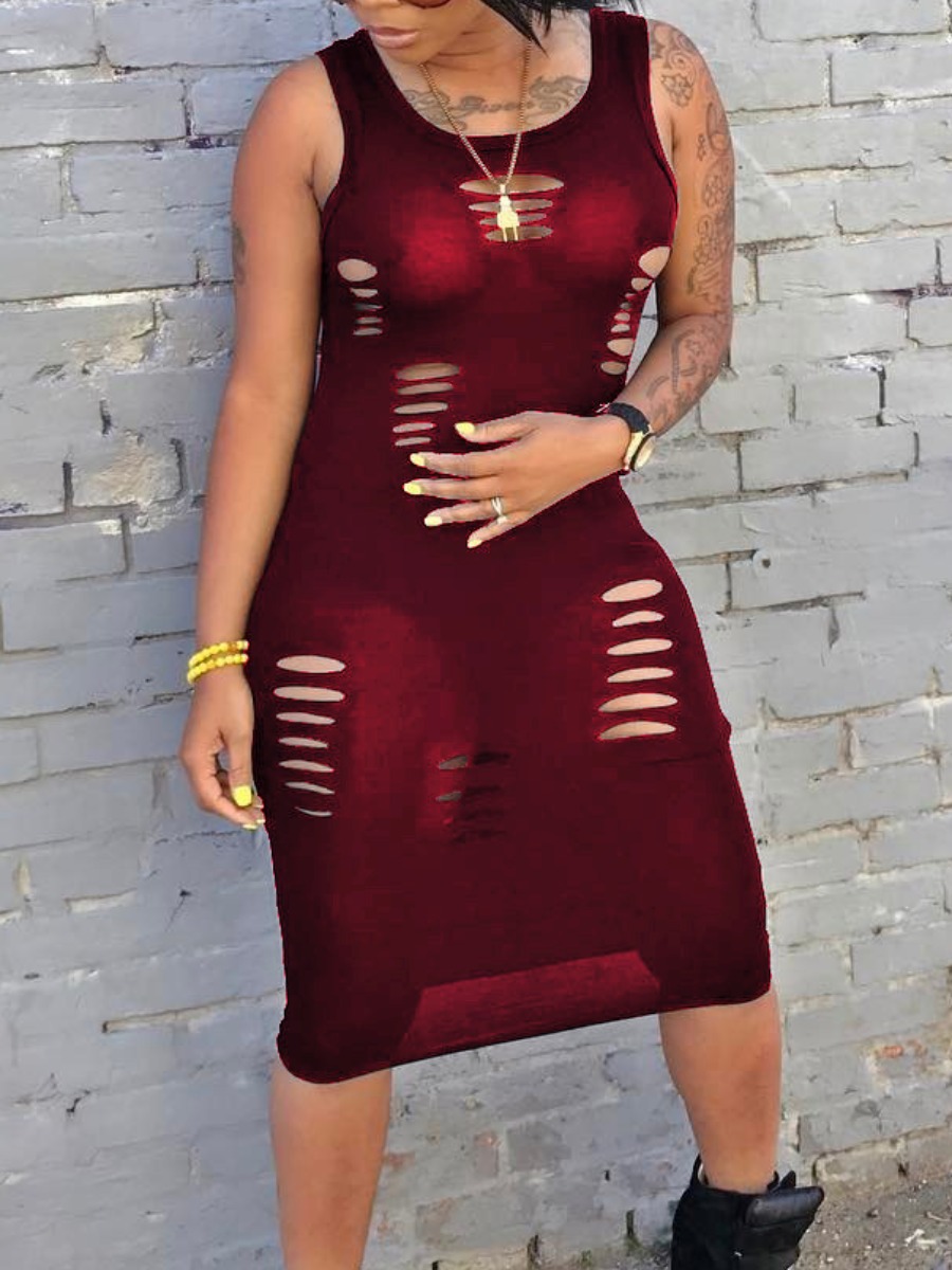 

LW Plus Size Street O Neck Hollow-out Wine Red Knee Length Dress