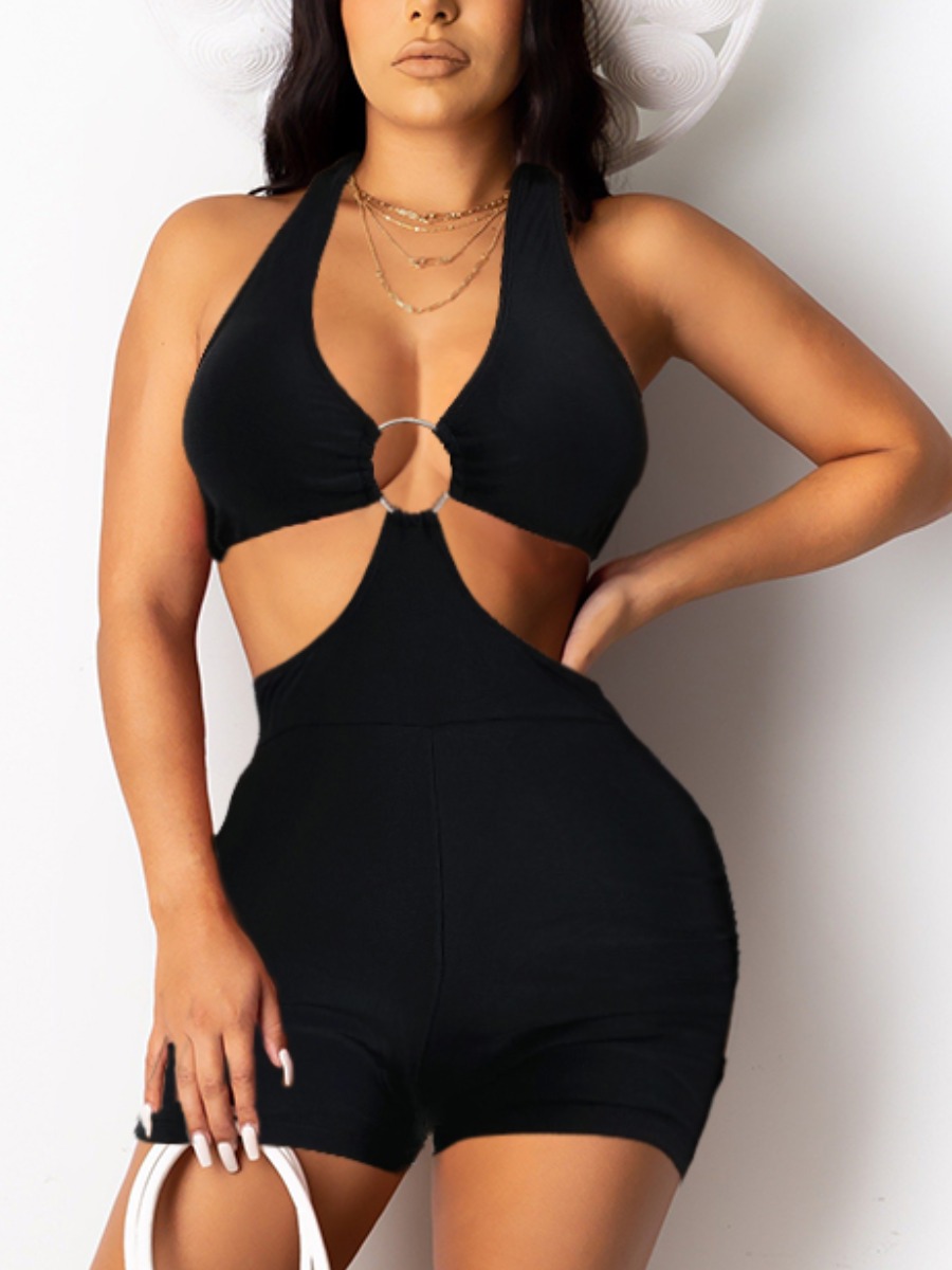 

Lovely Boho Metal Ring Decoration Hollow-out Black One-piece Swimsuit