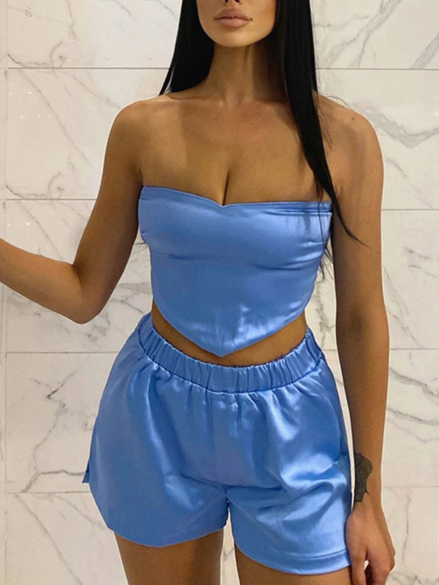 

Lovely Casual Off The Shoulder Bandage Design Blue Sleepwear