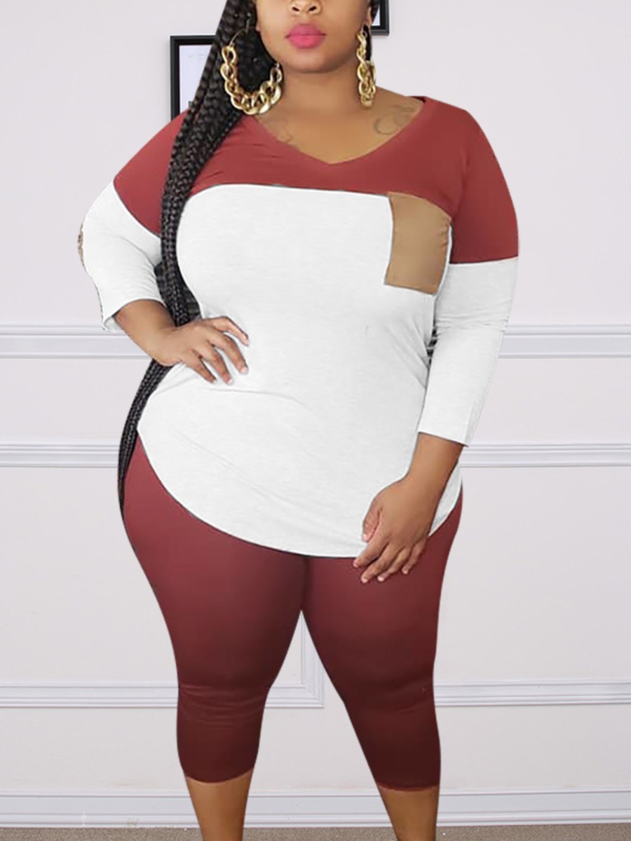 

Lovely Plus Size Casual Color-lump Patchwork Red Two-piece Pants Set