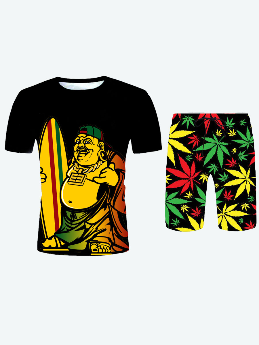 

Lovely Men Street Graffiti Floral Print Black Two Piece Shorts Set