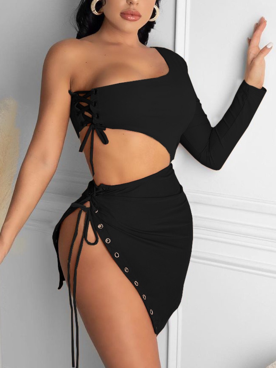 

Lovely Sexy One Shoulder Bandage Design Black Two Piece Skirt Set