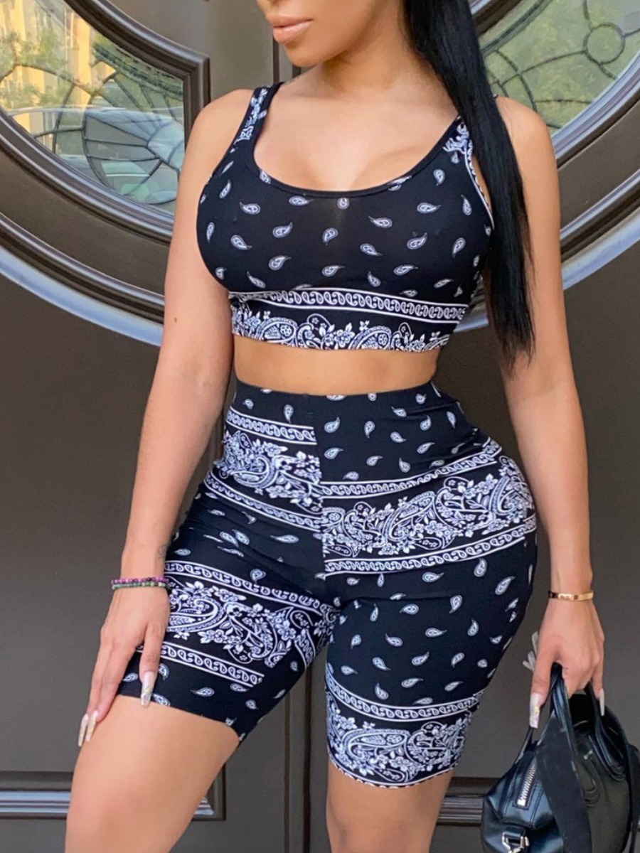 

Lovely Casual U Neck Print Patchwork Black Two Piece Shorts Set