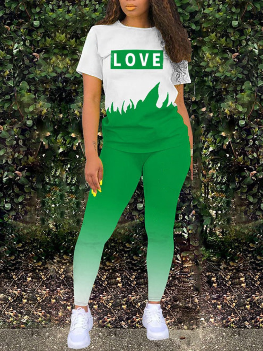 

Lovely Casual Letter Print Gradient Green Two Piece Pants Set