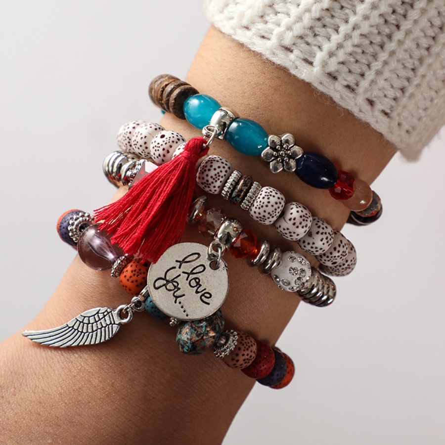 

Lovely Casual Letter Tassel Design Red 4-piece Bracelet
