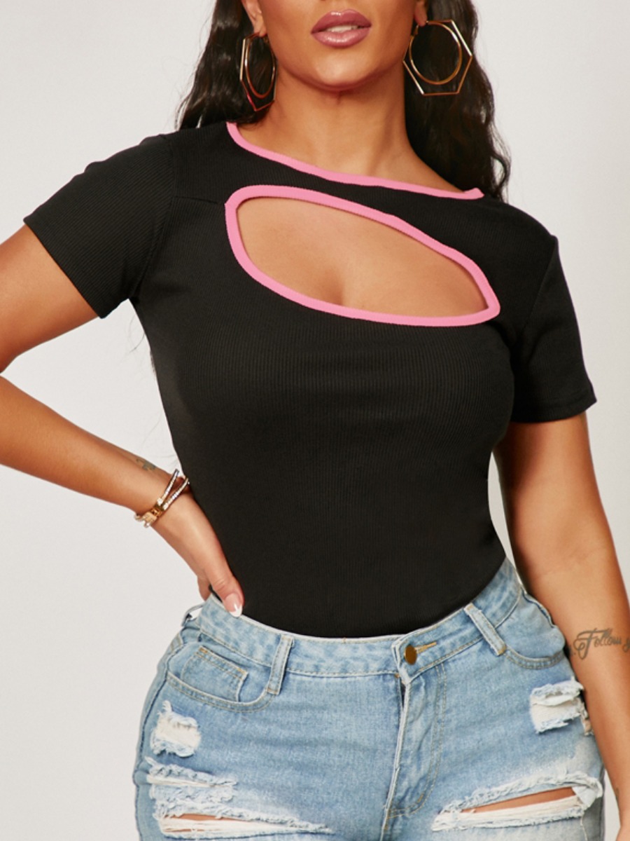 

Lovely Casual O Neck Hollow-out Black T-shirt