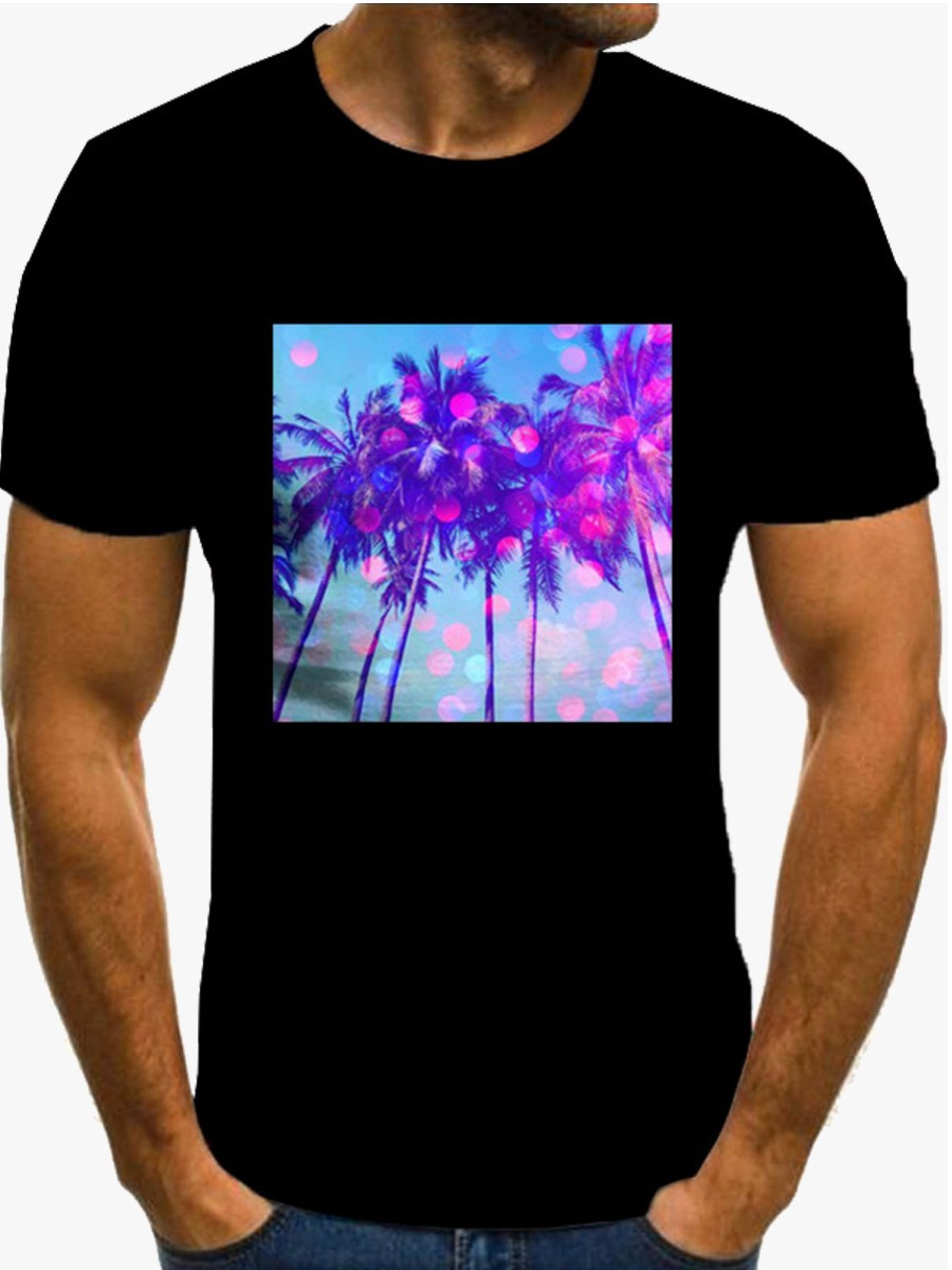 

Lovely Men Casual Palm Tree Print Patchwork Black T-shirt