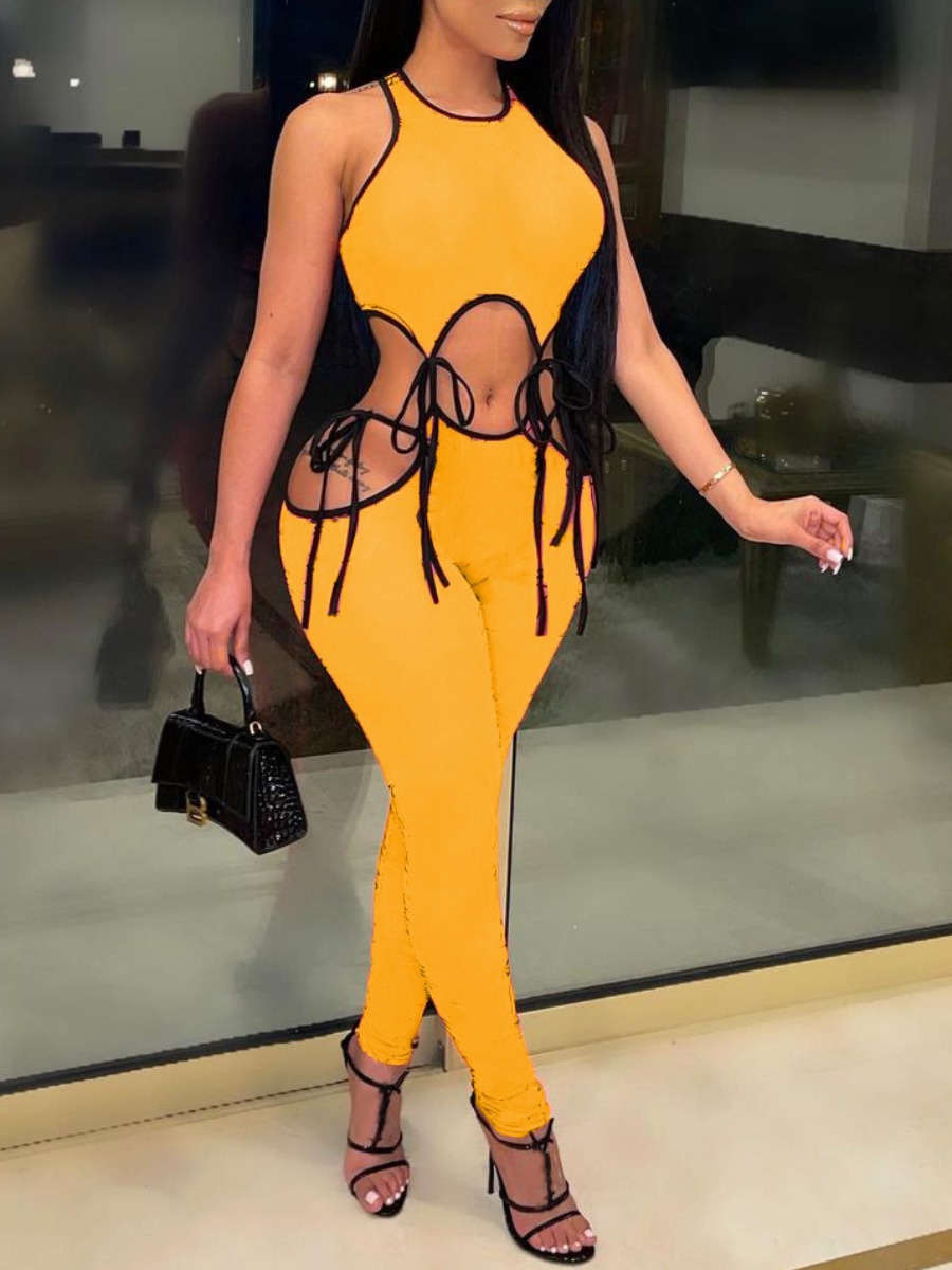 

Lovely Sexy Bandage Hollow-out Design Yellow Two Piece Pants Set