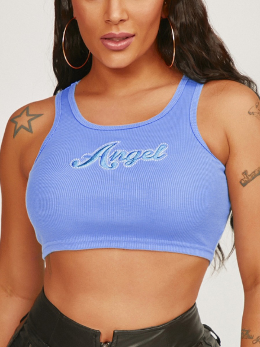 

Lovely Sporty Rib-Knit Letter Print Blue Camisole
